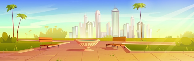 Бесплатное векторное изображение Городской парк со скамейками и цветочным горшком летний пейзаж городской пейзаж пустое общественное место для прогулок и отдыха с зеленой травой, пальмами и лужайкой, городской сад, иллюстрация шаржа