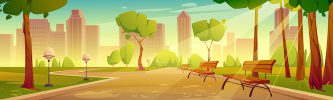 免费矢量城市公园长椅夏季风景景观。城市花园与路灯沿着路径的角度对城市背景,空荡荡的公共场所,绿色的树木,卡通矢量插图