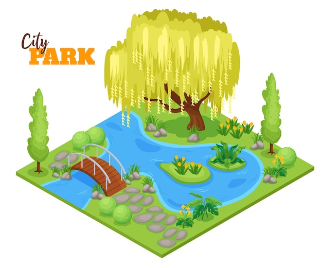 Free vector city park with lake, plants and trees isometric illustration