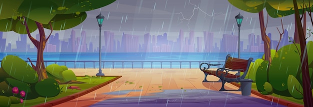 Free vector city park with pathway and bench in rain