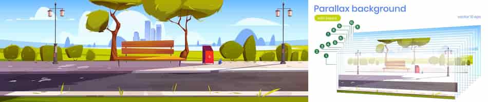 Free vector city park with wooden bench, lanterns, green trees and grass. vector parallax background for 2d animation with cartoon summer landscape of empty public garden with town buildings on horizon