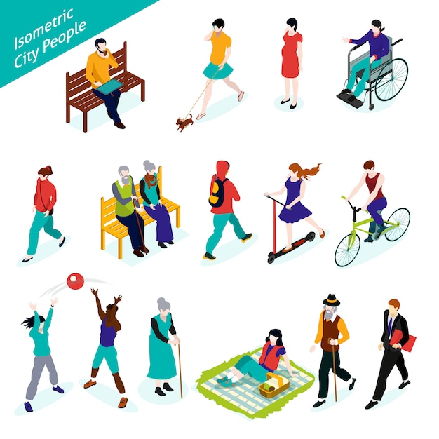 Free vector city people isometric set