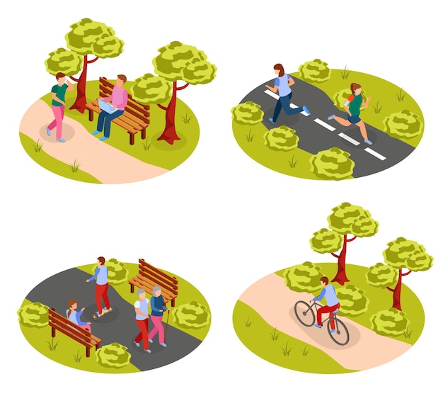 Concetto isometrico rotondo di attività all'aperto 2 della gente di città con camminare fare jogging in bicicletta nell'illustrazione del parco,