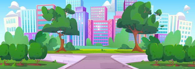 Бесплатное векторное изображение Городской общественный парк с тропой зеленых деревьев травы
