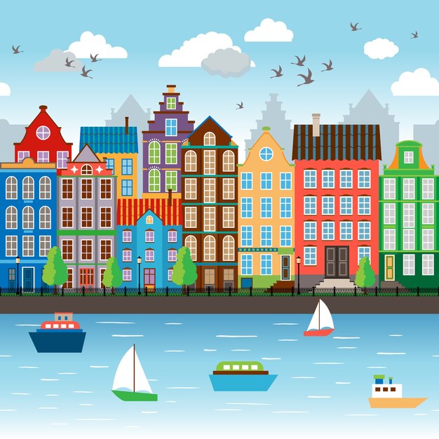 City on river. Embankment near the beautiful architectural ensemble. Vector illustration