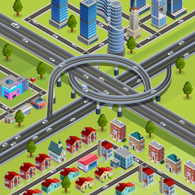 City roads junction interchange isometric poster