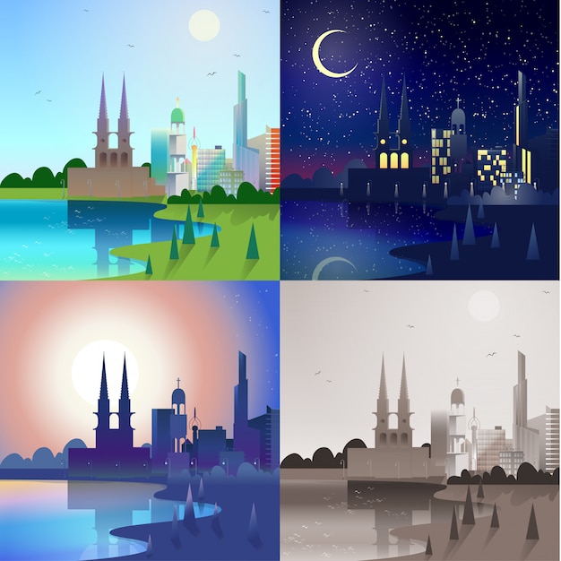 City scape historic castle tower building skyscrapers river bank scene set Day night sunset retro vintage landscape backgrounds