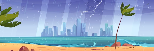無料ベクター 嵐の中の街のスカイライン、稲妻、強風、雨のある海のウォーターフロントのモダンなメガポリスの風景。鈍い曇り空の下で荒れ狂う水面で超高層ビルの建物漫画のベクトル図