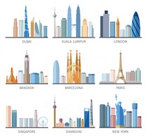 Set di icone piane di skyline della città