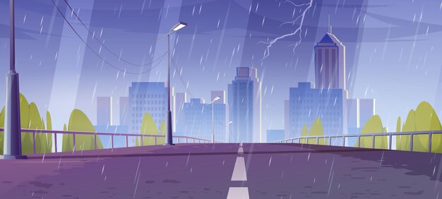 City skyline at rainy weather view from bridge urban cityscape architecture at thunderstorm Metropolis with empty road skyscraper buildings town or downtown district Cartoon vector illustration