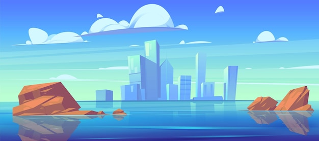 City skyline with buildings silhouettes and reflection in water of river or lake