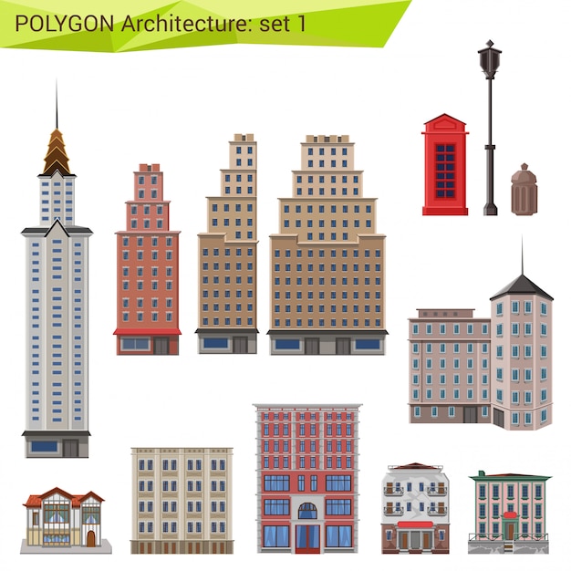 Free vector city skyscrapers and buildings, polygonal style architecture set.