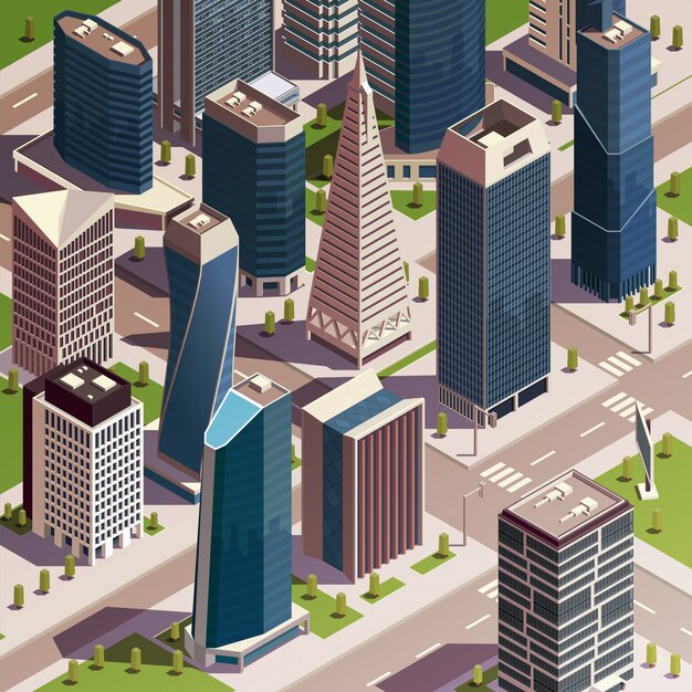 都市の高層ビル等尺性組成物の近代的な都市ブロックの現実的なビューと高層ビルやタワーベクトルイラスト