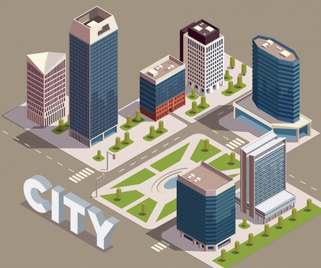 현대 고층 건물 거리와 텍스트 벡터 일러스트와 함께 도시 블록의 볼 수있는 도시 마천루 아이소 메트릭 구성