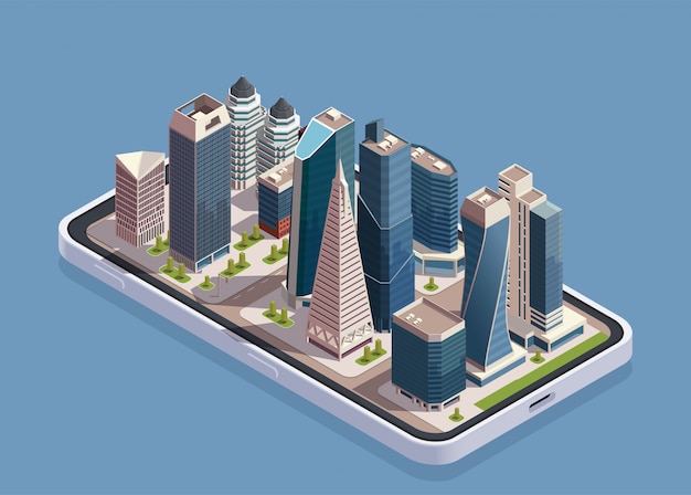 Vettore gratuito il concetto isometrico dei grattacieli della città con il corpo del telefono e il blocco di costruzioni moderne sopra lo schermo vector l'illustrazione