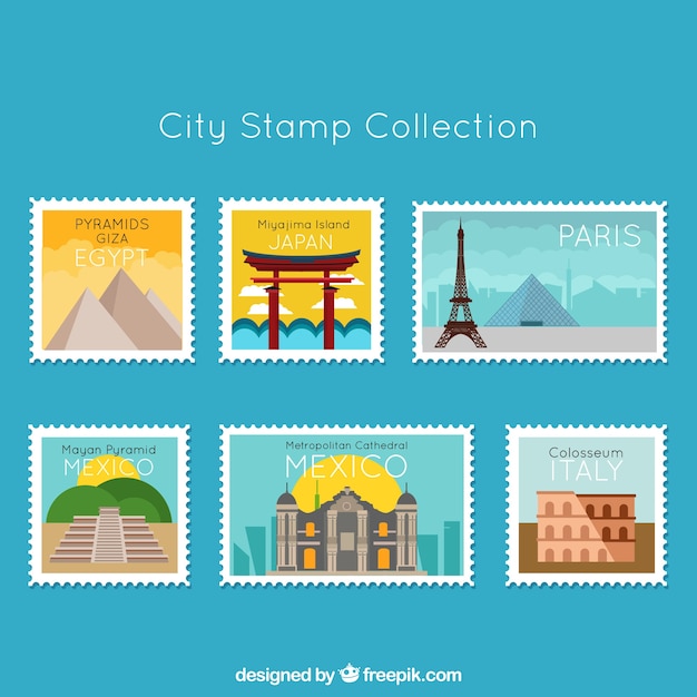 City stamps collection in flat style