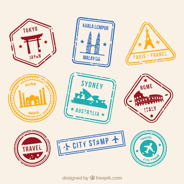 Free vector city stamps collection in flat style