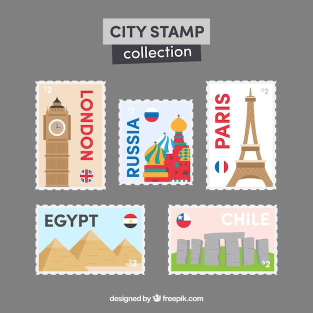 Free vector city stamps collection in flat style