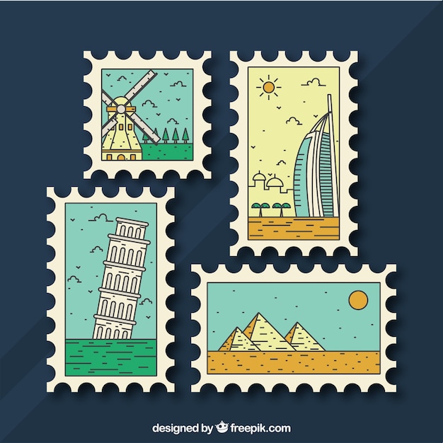 City stamps collection in flat style