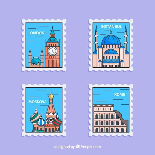 Free vector city stamps collection in flat style