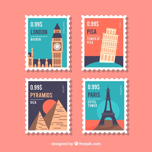 Vettore gratuito collezione di francobolli della città in stile piatto