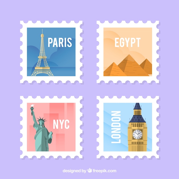 Free vector city stamps collection in flat style