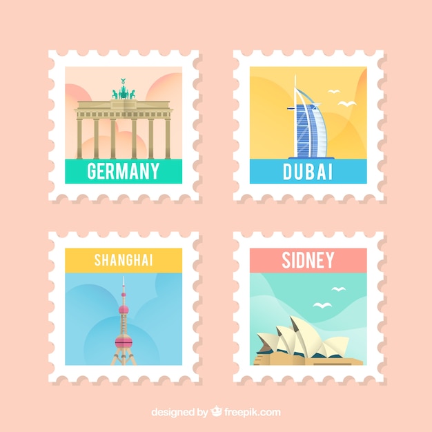 City stamps collection in flat style