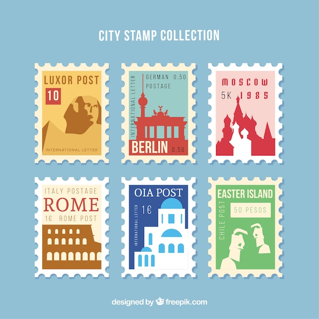 City stamps collection in flat style