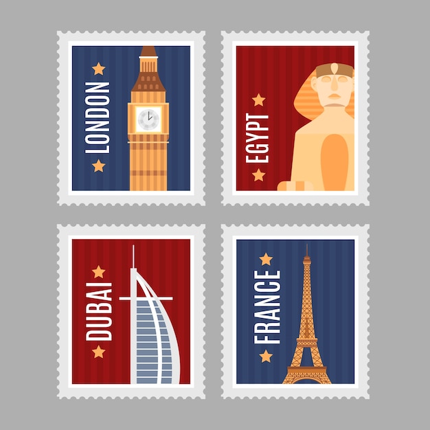 City stamps collection in flat style