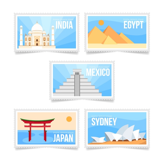 City stamps collection in flat style