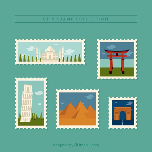 City stamps collection in flat style