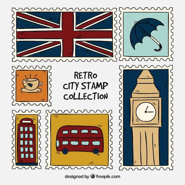 Vettore gratuito collezione di francobolli della città in stile retrò
