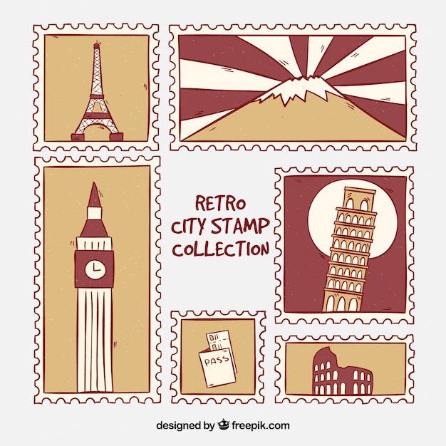 Vettore gratuito collezione di francobolli della città in stile retrò