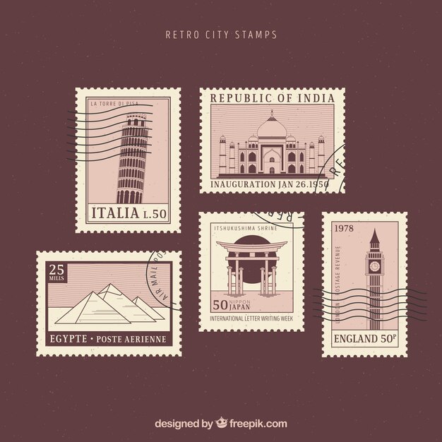 City stamps collection in retro style