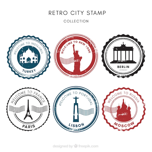 Free vector city stamps collection in retro style