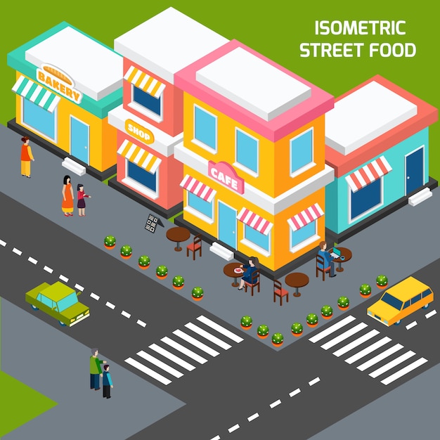 City street food cafe isometric poster