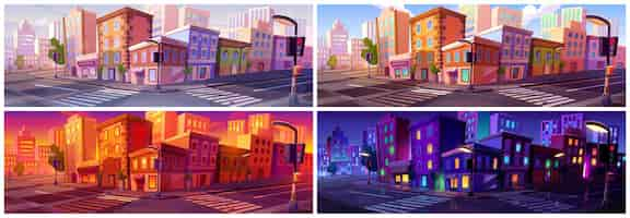 Free vector city street at night and day time cartoon vector