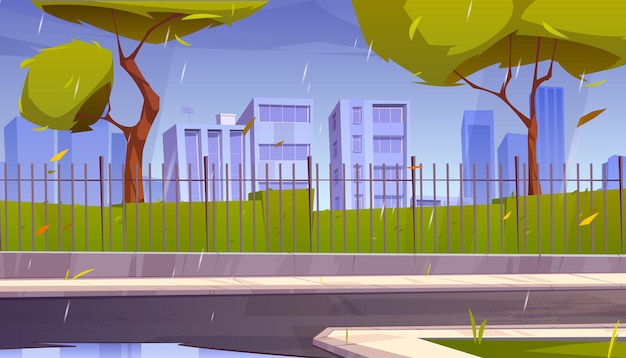 Free vector city street at rainy weather, urban skyline with skyscrapers, green wet trees, road and pathway with puddles along fence under rain shower. cityscape, downtown district cartoon vector illustration