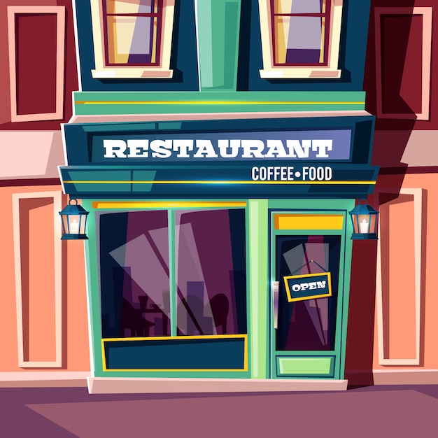 Free vector city street restaurant with open plate on entrance door and vintage lanterns