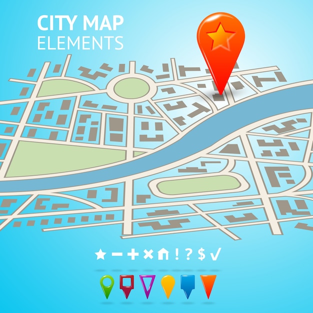 Free vector city street road route decorative map with navigation markers and pins vector illustration