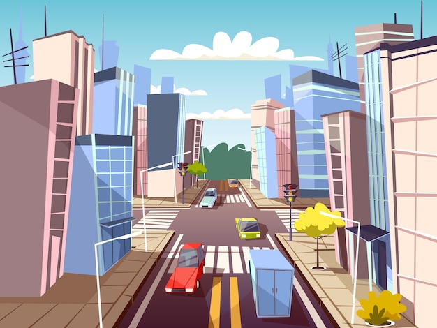 都市車の都市街道が車線と歩行者の横断歩道を移動する