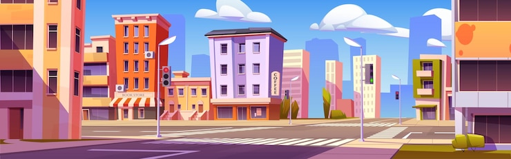Free Vector city street with car road intersection and houses