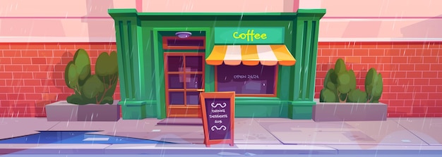 Free vector city street with coffee shop front in rain