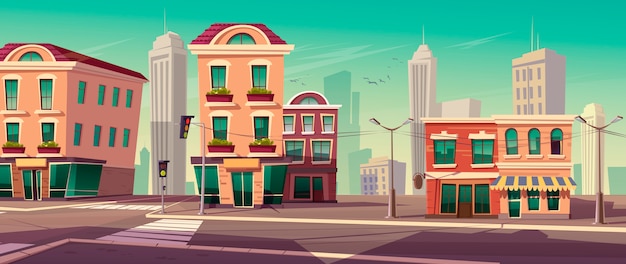 Бесплатное векторное изображение Городская улица с домами и дорогой