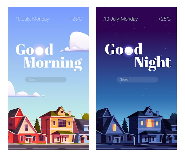 Free vector city street with houses at night and morning.