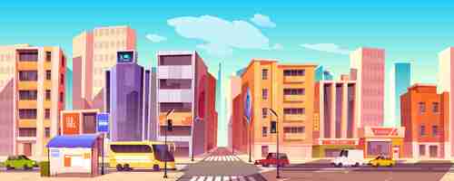 Бесплатное векторное изображение Городская улица с домами, дорогой и машинами