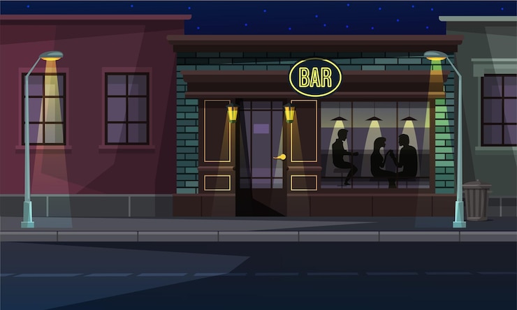 Free Vector city street with lantern and bar entrance people rest in pub view through window with evening illumination