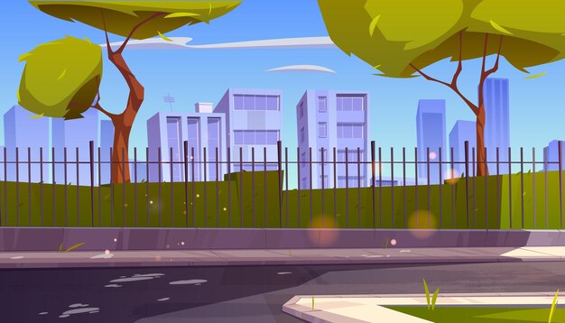 city street with park and buildings behind fence
