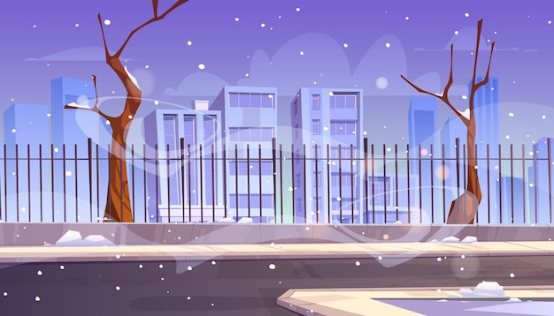 Free vector city street with snow, bare trees and buildings behind fence. vector cartoon illustration of winter landscape with road, sidewalk, snowfall and houses on horizon