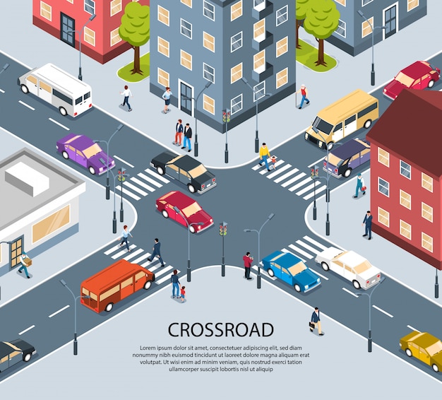 City town four way intersection crossroad isometric view poster with traffic lights pedestrian zebra crossing